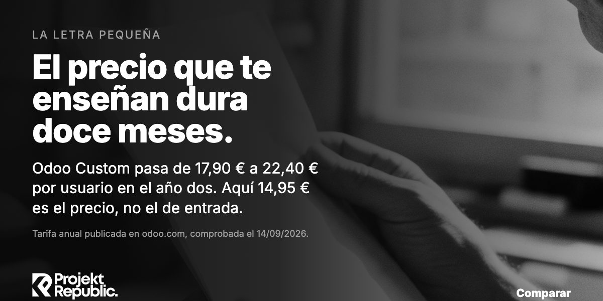 El precio que te enseñan dura doce meses: Odoo Custom pasa de 17,90 € a 22,40 € por usuario y mes a partir del año dos.