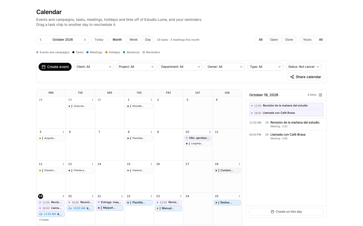 The Calendar app showing the current week and its events.