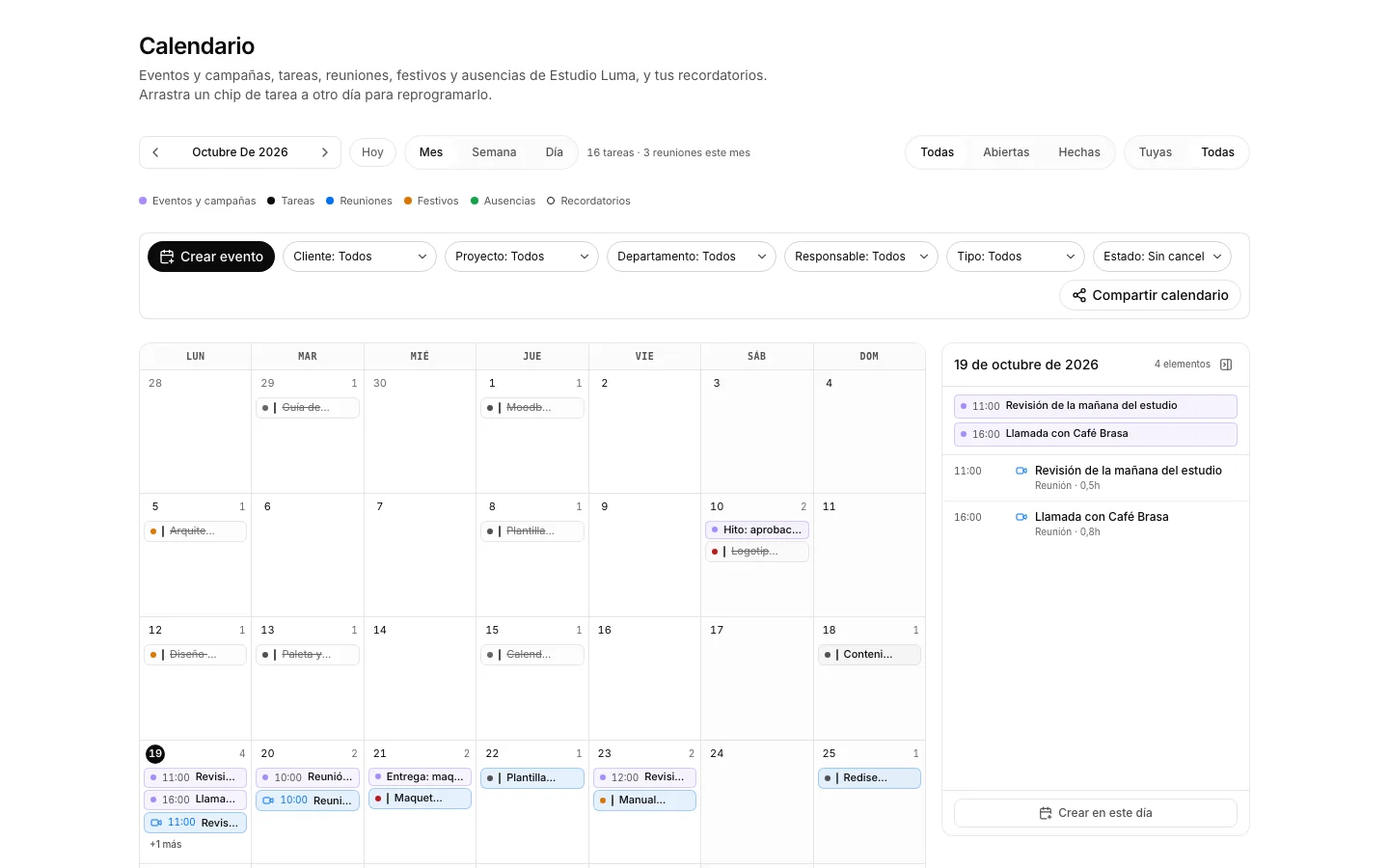 La app Calendario con la semana en curso y sus eventos.