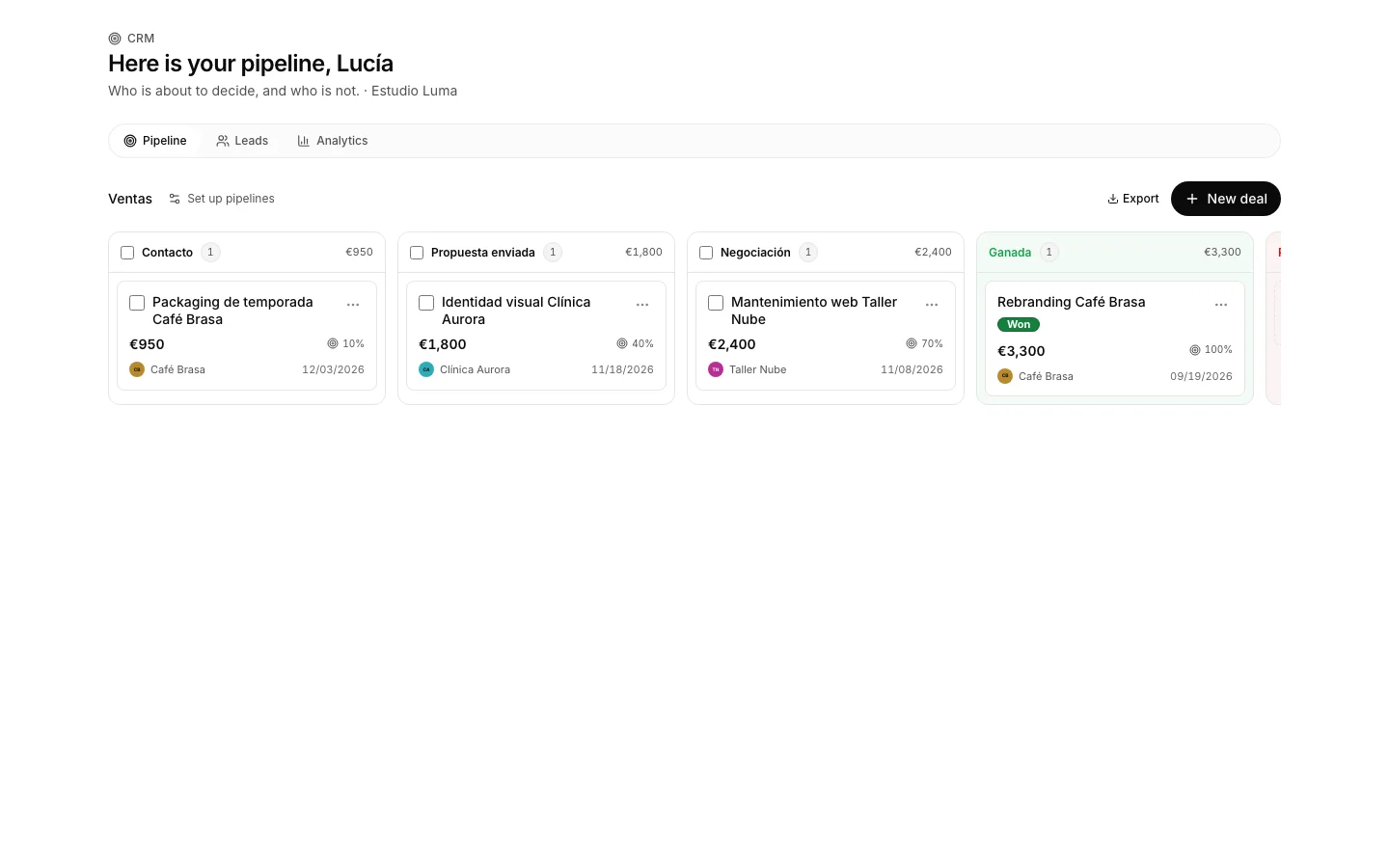 The CRM app showing the sales pipeline and its deals.