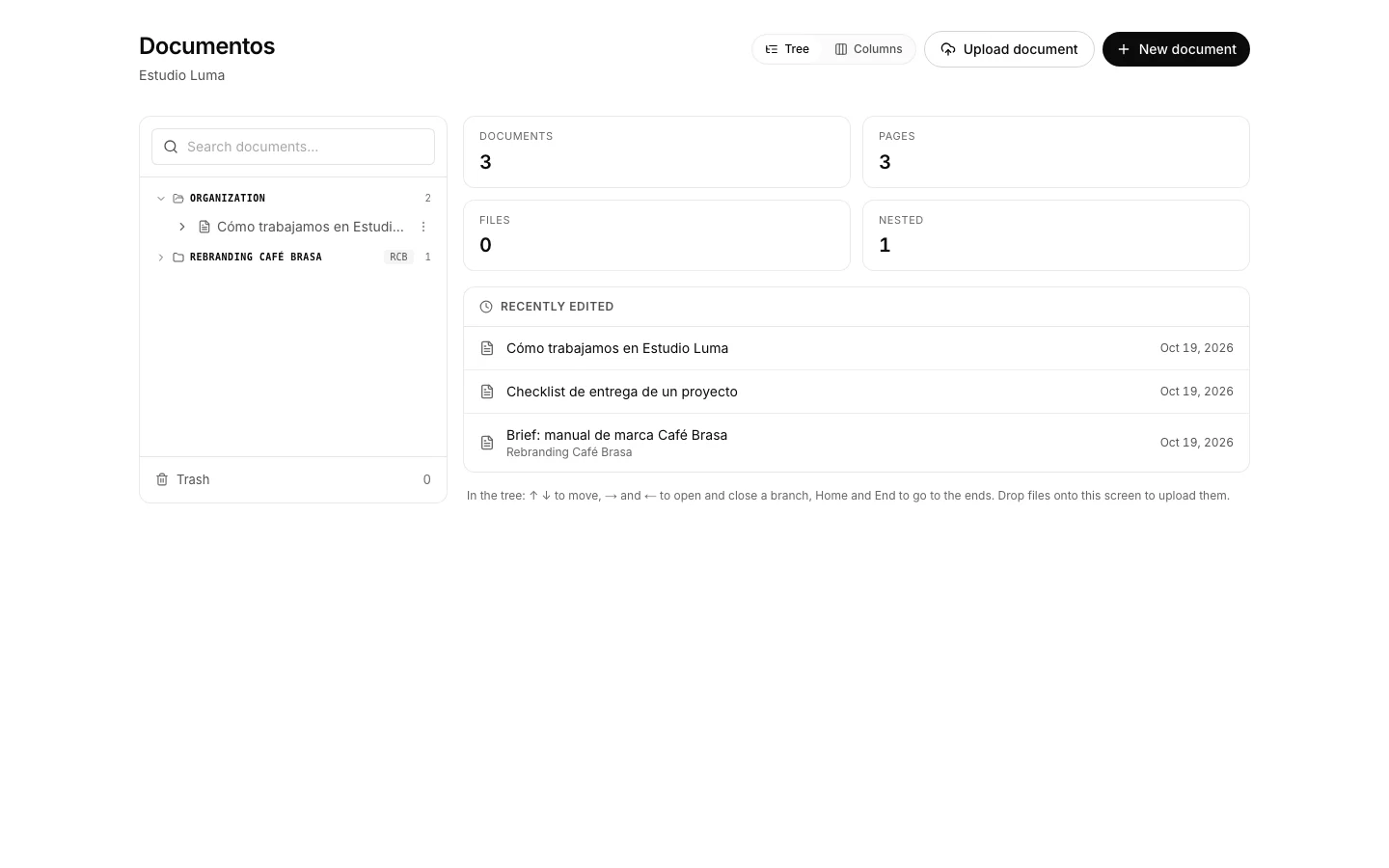 The Documents app with the page tree and an open document.