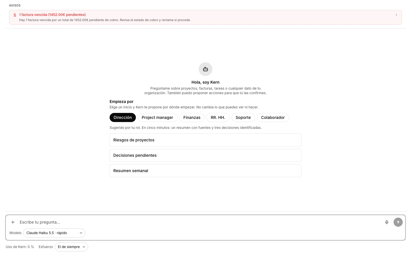 Kern, el asistente, con una conversación abierta.