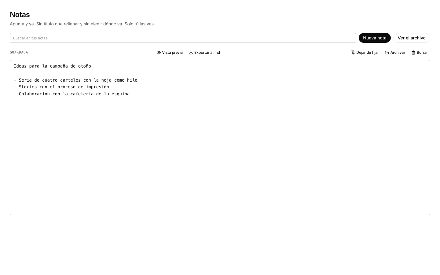 La app Notas con la lista de notas y una abierta.