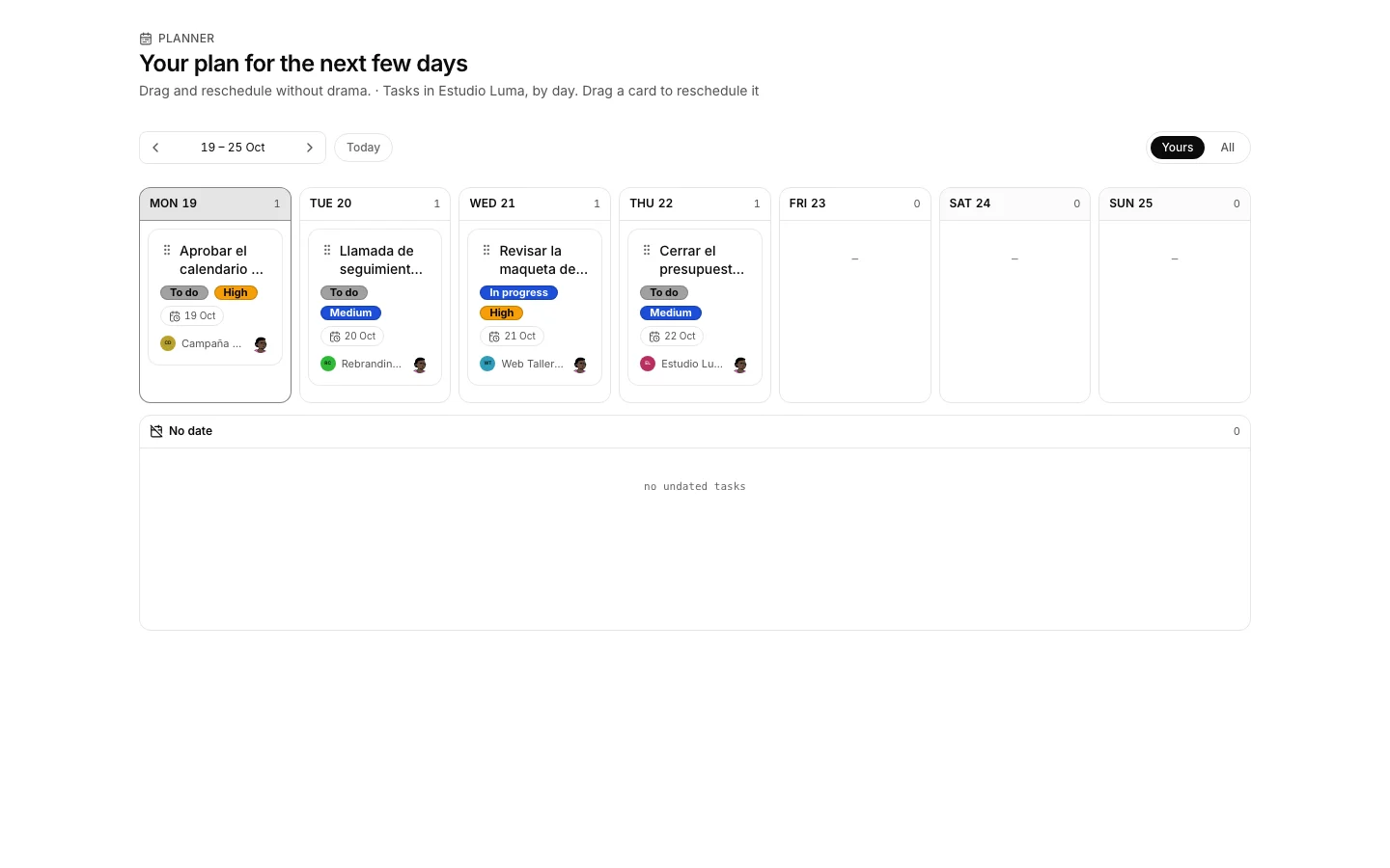The Planner with the week’s tasks, one day per column.
