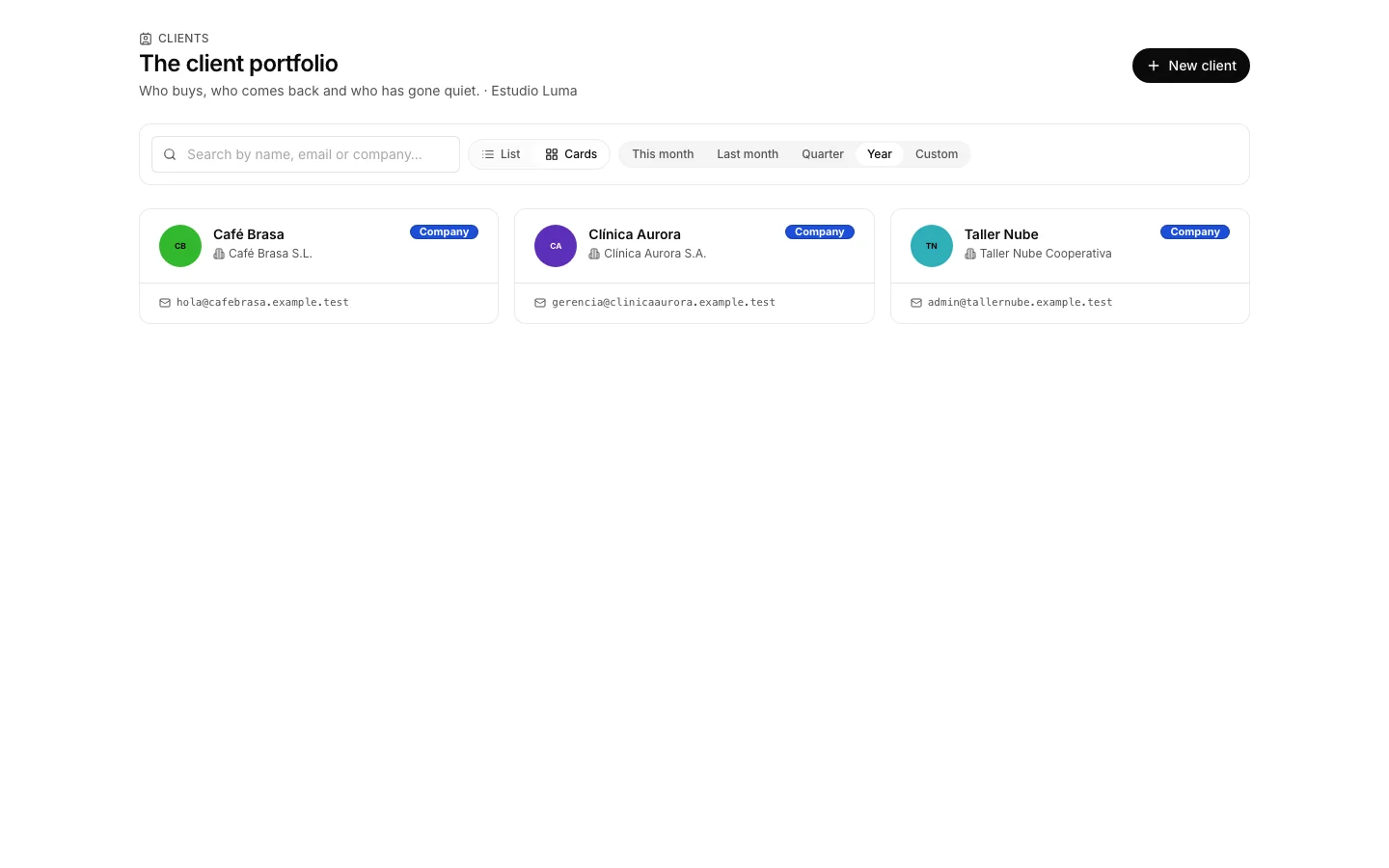 The Clients list, from whose page the portal link is generated.