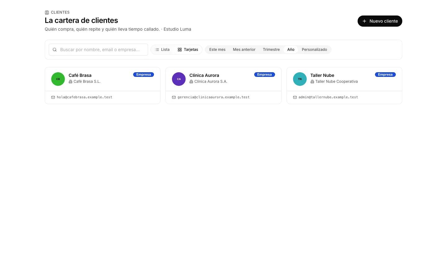 La lista de Clientes, desde cuya ficha se genera el enlace del portal.