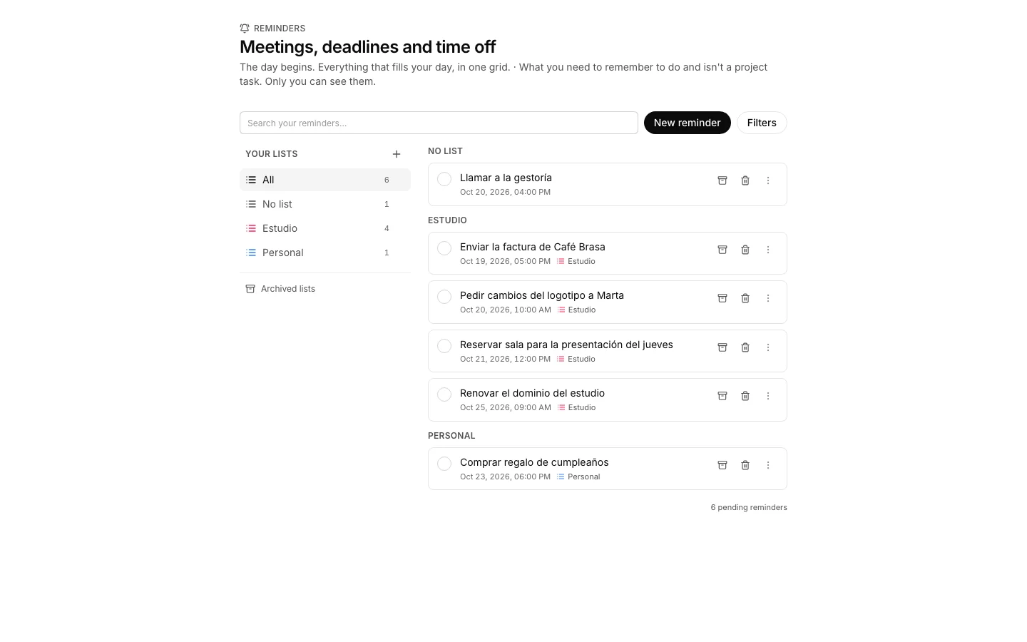 The Reminders app with your lists on the left and the pending alerts.
