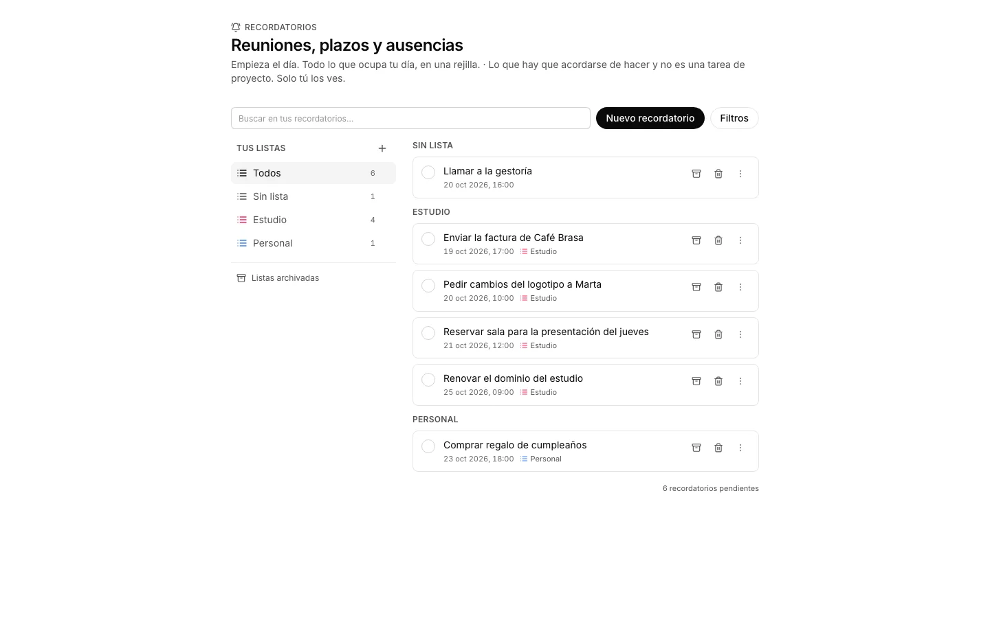 La app Recordatorios con tus listas a la izquierda y los avisos pendientes.