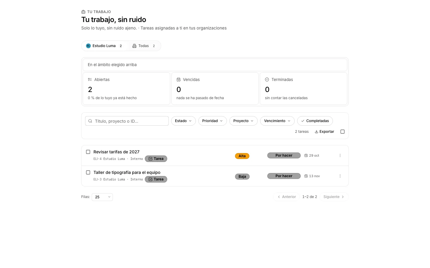 Tu trabajo, con las tareas que tienes asignadas ordenadas por fecha.