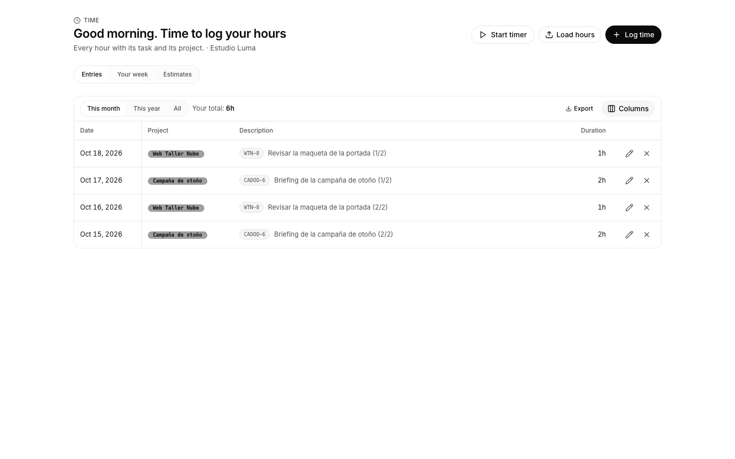 The Time app with the period’s hour entries and their total.