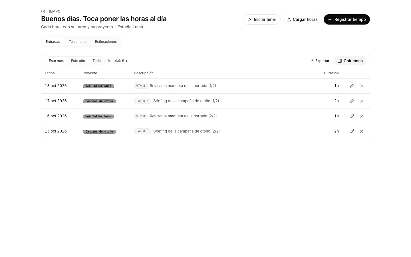 La app Tiempo con las entradas de horas del periodo y su total.